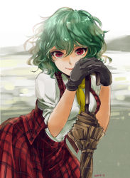 Rule 34 | 1girl, ascot, backlighting, bent over, black gloves, breasts, closed umbrella, gloves, green hair, highres, interlocked fingers, kazami yuuka, lake, large breasts, looking at viewer, mattie, open clothes, open vest, planted, planted umbrella, puffy short sleeves, puffy sleeves, red eyes, shirt, short sleeves, skirt, smile, solo, touhou, umbrella, vest