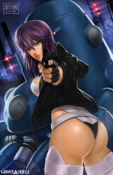 1girl 2015 aiming aiming_at_viewer ass black_jacket breasts copyright_name cropped_legs ghost_in_the_shell gun holding holding_gun holding_weapon jacket justinetutubi kusanagi_motoko leotard medium_hair non-humanoid_robot pointing pointing_at_viewer purple_hair robot sideboob solo strapless strapless_leotard tachikoma weapon white_leotard