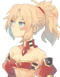 Rule 34 | 1girl, bandeau, bare shoulders, blonde hair, braid, breasts, cleavage, closed mouth, collarbone, detached sleeves, fate/apocrypha, fate/grand order, fate (series), green eyes, hair ornament, hair scrunchie, high ponytail, kidhukaji, mordred (fate), mordred (fate/apocrypha), parted bangs, red bandeau, red scrunchie, scrunchie, sidelocks, simple background, small breasts, solo, upper body, white background