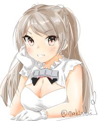 Rule 34 | 1girl, armpit cutout, cleavage cutout, clothing cutout, conte di cavour (kancolle), conte di cavour nuovo (kancolle), dress, frilled dress, frills, gloves, grey dress, kantai collection, layered dress, looking at viewer, makinoki, signature, simple background, smile, solo, twitter username, two side up, upper body, white background, white dress, white gloves