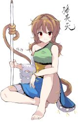 Rule 34 | 1girl, bangle, bare legs, bare shoulders, barefoot, bracelet, brown hair, circlet, commentary request, detached sleeves, dress, green dress, highres, holding, holding with tail, jewelry, low twintails, medium hair, monkey girl, monkey tail, multicolored clothes, multicolored dress, prehensile tail, red eyes, ruyi jingu bang, simple background, single-shoulder dress, single detached sleeve, single sleeve, single strap, sitting, sleeveless, sleeveless dress, solo, son biten, tail, takepoison, test tube, touhou, translation request, twintails, unfinished dream of all living ghost, white background, white sleeves, yellow dress