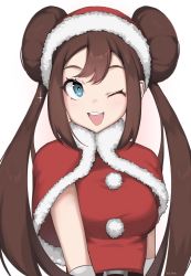Rule 34 | 1girl, belt, blue eyes, blush, brown hair, capelet, commentary, creatures (company), double bun, eyelashes, fur-trimmed capelet, fur trim, game freak, hair bun, hat, highres, long hair, milka (milk4ppl), nintendo, official alternate costume, one eye closed, open mouth, pokemon, pokemon masters ex, red capelet, rosa (holiday 2019) (pokemon), rosa (pokemon), santa hat, sidelocks, sideways glance, smile, solo, sparkle, teeth, tongue, twintails, upper body, white background