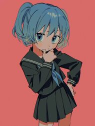 Rule 34 | 1girl, black skirt, blue eyes, blue hair, hand on own hip, highres, long sleeves, looking at viewer, original, pleated skirt, red background, school uniform, short hair, short twintails, simple background, skirt, solo, twintails, umipi