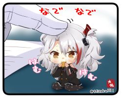 Rule 34 | 1boy, 1girl, azur lane, brown eyes, commander (azur lane), commentary request, cookie, cross, detached sleeves, eating, food, food in mouth, gloves, hair ornament, headpat, holding, holding food, iron cross, little prinz eugen (azur lane), long hair, long sleeves, looking at viewer, mini person, minigirl, multicolored hair, out of frame, pantyhose, paper, sidelocks, signature, silver hair, simple background, sitting, size difference, taisa (kari), twitter username, two-tone hair, two side up, wariza, white gloves