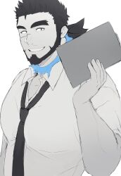 Rule 34 | 1boy, bara, beard, between pectorals, blue fire, facial hair, facial scar, fire, forked eyebrows, from side, full beard, greyscale, highres, holding, holding notebook, large pectorals, looking at viewer, looking to the side, loose necktie, mature male, monochrome, muscular, muscular male, necktie, necktie between pectorals, notebook, pectorals, sandayu (housamo), sanpaku, scar, scar on cheek, scar on face, short hair, smile, solo, spot color, teacher, thick beard, tokyo houkago summoners, underwear, yano (zri 088)