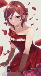 Rule 34 | 1girl, absurdres, artar 12, bead necklace, beads, closed mouth, commentary request, dress, earrings, elbow gloves, falling petals, floral print, gloves, highres, jewelry, love live!, love live! school idol project, necklace, nishikino maki, official alternate costume, petals, purple eyes, red dress, red hair, short hair, sleeveless, solo
