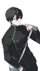 Rule 34 | 1boy, black hair, black jacket, black pants, blue lock, blue tkse, closed mouth, commentary, cowboy shot, gakuran, green eyes, hair between eyes, hand in pocket, highres, holding strap, itoshi rin, jacket, long sleeves, looking to the side, male focus, pants, school uniform, short hair, simple background, solo, standing, white background