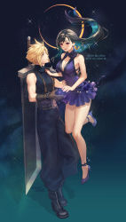 Rule 34 | 1boy, 1girl, absurdres, armor, bare arms, bare legs, bare shoulders, black hair, blonde hair, blue eyes, breasts, brown gloves, buster sword, cleavage, cloud strife, couple, crescent, crescent earrings, crescent moon, dress, earrings, final fantasy, final fantasy vii, final fantasy vii remake, full body, gloves, hetero, high heels, highres, jewelry, large breasts, long hair, looking at another, moon, neck ribbon, official alternate costume, ohse, purple dress, purple footwear, purple ribbon, red eyes, ribbon, short dress, shoulder armor, sleeveless, sleeveless dress, sleeveless turtleneck, smile, sparkle, spiked hair, square enix, tifa lockhart, tifa lockhart (refined dress), turtleneck, wall market, weapon, weapon on back