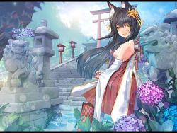 Rule 34 | 1girl, animal ear fluff, animal ears, architecture, azur lane, bare shoulders, black hair, day, east asian architecture, flower, fox ears, from side, grass, hydrangea, komainu, letterboxed, long hair, looking at viewer, nagato (azur lane), nature, open mouth, outdoors, shrine, sidelocks, smile, solo, sparkle, stairs, stone lantern, sugita ranpaku, torii, twitter username, umbrella, yellow eyes