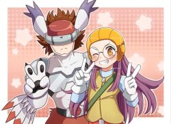 Rule 34 | ;d, camera view, digimon, digimon (creature), digimon adventure 02, gloves, helmet, inoue miyako, long hair, one eye closed, open mouth, peace symbol, purple hair, silphymon, size difference, smile, sweatdrop, v, vest, wink