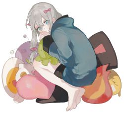 Rule 34 | 10s, 1girl, bad id, bad pixiv id, barefoot, blue eyes, bow, closed mouth, eromanga sensei, from side, grey hair, hair bow, hands up, heart, heart-shaped pillow, izumi sagiri, long hair, long sleeves, looking at viewer, looking back, lunchicken, pillow, pink bow, sidelocks, solo, stuffed animal, stuffed cat, stuffed octopus, stuffed toy, tiptoes, transparent background