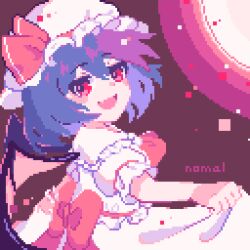 Rule 34 | 1girl, :d, artist name, bat wings, commentary request, futsu nomal, hat, hat ribbon, highres, looking at viewer, mob cap, open mouth, pixel art, purple hair, red eyes, red ribbon, remilia scarlet, ribbon, shirt, short hair, short sleeves, skirt, smile, solo, touhou, white hat, white shirt, white skirt, wings