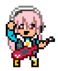Rule 34 | 1girl, downtown nekketsu monogatari, electric guitar, guitar, headphones, instrument, kunio-kun, long hair, looking at viewer, lowres, music, nitroplus, official art, open mouth, pink hair, pixel art, playing instrument, red eyes, smile, solo, super sonico, transparent background