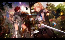 Rule 34 | 2girls, bird, blonde hair, boots, brown hair, cloak, female knight, highres, multiple girls, neia baraja, overlord (maruyama), paladin, potion, red hair, remedios custodio, saiko psycho, short hair, surprised, sword, thigh boots, thighhighs, weapon
