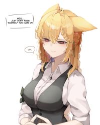 Rule 34 | 1girl, absurdres, animal ears, arknights, black vest, blonde hair, braid, buttons, collared shirt, english text, fingers together, green hair, hair between eyes, hair ribbon, highres, kroos (arknights), kroos the keen glint (arknights), long hair, multicolored hair, official alternate costume, rabbit ears, red eyes, ribbon, shirt, simple background, smile, solo, speech bubble, streaked hair, upper body, vest, white background, white shirt, yuu azma
