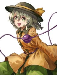 Rule 34 | 1girl, :d, absurdres, arms behind back, blouse, blush, bow, bright pupils, buttons, collared shirt, commentary, cowboy shot, diamond button, frilled shirt collar, frills, green eyes, green hair, green hat, green skirt, hair between eyes, hat, hat bow, highres, komeiji koishi, long sleeves, looking at viewer, medium hair, open mouth, shirt, skirt, smile, solo, third eye, touhou, white background, white pupils, wide sleeves, yanyan (shinken gomi), yellow bow, yellow shirt