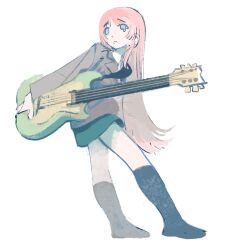 1girl bang_dream! bang_dream!_it&#039;s_mygo!!!!! black_skirt black_socks chihaya_anon electric_guitar full_body grey_jacket guitar hashtag-only_commentary highres holding holding_instrument instrument jacket kneehighs long_hair long_sleeves pink_hair seasideiiii simple_background skirt socks solo tearing_up white_background