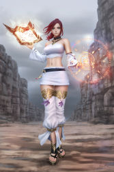 Rule 34 | bare shoulders, belt, blue eyes, book, choker, closed mouth, commission, detached leggings, detached sleeves, final fantasy, final fantasy xiv, gohpot, holding, hyur, lips, long hair, looking at viewer, magic circle, midriff, navel, open book, outdoors, overcast, ponytail, red hair, sandals, skirt, sky, strapless, tube top, walking, warrior of light (ff14), white skirt, wind