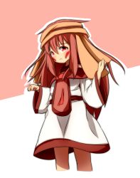 Rule 34 | 1girl, absurdres, blush, closed mouth, commentary request, facial mark, hair between eyes, hand up, highres, idaten93, long hair, long sleeves, looking at viewer, original, outline, pink background, red hair, robe, sash, solo, two-tone background, wavy mouth, white background, white outline, white robe, wide sleeves