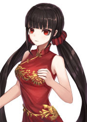 Rule 34 | 10s, 1girl, bad id, bad pixiv id, bare arms, bare shoulders, black hair, blunt bangs, breasts, china dress, chinese clothes, closed mouth, commentary request, danganronpa (series), danganronpa v3: killing harmony, dress, expressionless, hair ornament, hair scrunchie, hand on own chest, hand up, harukawa maki, highres, long hair, looking at viewer, low twintails, lunacle, medium breasts, print dress, red dress, red eyes, scrunchie, sidelocks, simple background, sleeveless, sleeveless dress, solo, twintails, upper body, white background