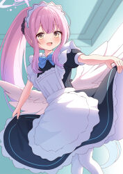 Rule 34 | 1girl, azel (laevateinn495), blue archive, highres, maid, mika (blue archive), open mouth, pink hair, short sleeves, smile, solo, wings, yellow eyes