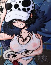 Rule 34 | 1girl, arm tattoo, black hair, breast tattoo, breasts, denim, female focus, genderswap, genderswap (mtf), hand tattoo, hat, highres, holding, holding sword, holding weapon, jeans, large breasts, lordguyis, nipples, nipples visible through shirt, one piece, pants, see-through, see-through shirt, shirt, short hair, shoulder tattoo, solo, sword, tank top, tattoo, teeth, trafalgar law, weapon, wet, wet clothes, wet shirt, yellow eyes