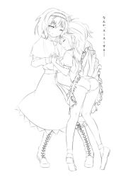Rule 34 | 2girls, alice margatroid, apron, ass, boots, capelet, clothes lift, cross-laced footwear, dress, dress lift, closed eyes, female focus, gorilla (bun0615), greyscale, hairband, holding hands, kirisame marisa, licking lips, long sleeves, monochrome, multiple girls, one eye closed, panties, puffy sleeves, sash, short sleeves, smile, tiptoes, tongue, tongue out, touhou, translation request, underwear, waist apron, wink
