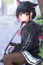 Rule 34 | 1girl, animal ears, black choker, black hair, black jacket, blue archive, blurry, blurry background, blurry foreground, blush, bob cut, bren lmg, brown pantyhose, cat ears, choker, closed mouth, colored inner hair, day, drawstring, gun, hair ornament, hairclip, highres, holding, holding gun, holding weapon, hood, hood down, jacket, kazusa (blue archive), light machine gun, long sleeves, looking at viewer, multicolored hair, neckerchief, outdoors, pantyhose, pendant choker, pink hair, pink neckerchief, pleated skirt, racchi., red eyes, short hair, sidelocks, sitting, skirt, solo, tree, weapon, white skirt