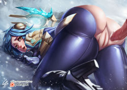 Rule 34 | 1girl, absurdres, all fours, anus, ass, bent over, blue hair, bodysuit, breasts, censored, disembodied penis, frostblade irelia, gdecy, high heels, highres, huge ass, irelia, league of legends, penis, pov, pussy, riot games, solo, torn bodysuit, torn clothes, watermark, yellow eyes