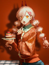 Rule 34 | + +, 1girl, alternate costume, artist name, blonde hair, blue shirt, blush, braid, breasts, buttons, cake, chainsaw man, champi, chocolate cake, collared shirt, commentary, cowboy shot, cross-shaped pupils, demon horns, eating, english commentary, eyelashes, fangs, food, food on face, fork, fruit, hair between eyes, hair ornament, hair ribbon, happy valentine, heart, heart hair ornament, highres, holding, holding fork, holding plate, horns, lips, long hair, looking at viewer, open mouth, patterned clothing, pink ribbon, plate, power (chainsaw man), raspberry, red background, red sweater, ribbon, shadow, sharp teeth, shirt, signature, simple background, sleeves past wrists, small breasts, solo, star (symbol), star hair ornament, sweater, symbol-shaped pupils, tablecloth, teeth, tress ribbon, twin braids, twintails, v-shaped eyebrows, wing collar, yellow eyes