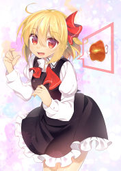 Rule 34 | 1girl, absurdres, ahoge, blonde hair, boned meat, fang, food, hair ribbon, highres, juliet sleeves, long sleeves, looking at viewer, loose necktie, meat, necktie, niwashi (yuyu), open mouth, puffy sleeves, red eyes, ribbon, rumia, shirt, skirt, skirt set, smile, solo, speech bubble, touhou, undone necktie, vest