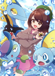 Rule 34 | 1girl, :d, blurry, bob cut, brown eyes, brown hair, cable knit, cardigan, commentary request, creatures (company), dress, drizzile, evolutionary line, eyelashes, game freak, gen 8 pokemon, gloria (pokemon), green headwear, grey cardigan, haru (haruxxe), hat, highres, holding, holding poke ball, hooded cardigan, inteleon, nintendo, open mouth, poke ball, poke ball (basic), pokemon, pokemon (creature), pokemon swsh, purple dress, short hair, smile, sobble, tam o&#039; shanter, tongue, ultra ball, water drop