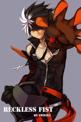 Rule 34 | 1boy, artist name, bad id, bad pixiv id, black hair, buckle, clenched teeth, cross, elsword, gloves, grey background, highres, jewelry, male focus, multicolored hair, necklace, outstretched hand, pants, raven cronwell, reckless fist (elsword), scar, shirt, sleeveless, sleeveless shirt, solo, spiked hair, streaked hair, swd3e2, teeth, two-tone hair, white hair, yellow eyes