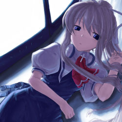 Rule 34 | 1girl, air (visual novel), ascot, backlighting, blonde hair, blue eyes, cross, cross necklace, hair ribbon, jewelry, kamio misuzu, looking away, lying, necklace, necktie, on side, parted lips, pendant, ponytail, puffy sleeves, ribbon, rosary, school uniform, short sleeves, solo, toshibo (chitose ryouta)