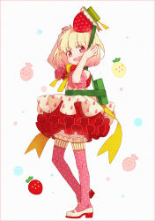 Rule 34 | 1girl, :d, arms up, blonde hair, blush, fingernails, food, food-themed clothes, fruit, full body, green hat, hakusai (tiahszld), hat, looking at viewer, looking to the side, nail polish, open mouth, original, pink thighhighs, polka dot, polka dot legwear, red eyes, red nails, red skirt, shoes, skirt, smile, solo, standing, strawberry, thighhighs, uwabaki, white background, white footwear