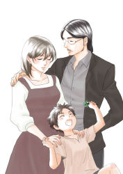 Rule 34 | 1girl, 2boys, black hair, brown hair, carla yeager, eren yeager, closed eyes, family, father and son, glasses, grisha yeager, highres, long hair, mother and son, multiple boys, shingeki no kyojin, short hair, smile