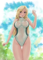 Rule 34 | 1girl, artist name, blonde hair, blue sky, breasts, cloud, commentary request, competition swimsuit, cowboy shot, gluteal fold, grey eyes, highres, hornet (kancolle), jouzaburou (joe3), kantai collection, large breasts, long hair, looking at viewer, one-piece swimsuit, sky, solo, standing, swimsuit, turtleneck, waving, white one-piece swimsuit