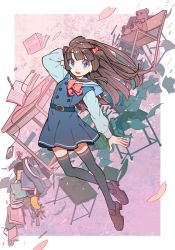 Rule 34 | 1girl, black dress, blue eyes, blue thighhighs, book, bow, bowtie, brown footwear, brown hair, chair, dress, highres, long hair, long sleeves, looking at viewer, nobile1031, open book, original, parted lips, petals, pink bow, pink bowtie, sailor collar, shoes, smile, solo, stuffed animal, stuffed toy, table, teddy bear, thighhighs, white sailor collar