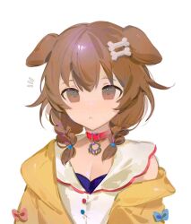 Rule 34 | 1girl, animal collar, animal ears, bone hair ornament, braid, brown eyes, brown hair, collar, dog ears, dog girl, dress, hair between eyes, hair ornament, hairclip, highres, hololive, inugami korone, inugami korone (1st costume), jacket, low twin braids, medium hair, off shoulder, open clothes, open jacket, ranqi070, red collar, simple background, sleeveless, sleeveless dress, solo, twin braids, virtual youtuber, white background, white dress, yellow jacket