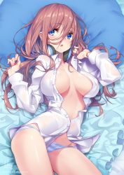 Rule 34 | 1girl, :o, areola slip, blue eyes, blue panties, blush, breasts, breasts apart, buttons, collarbone, collared shirt, cowboy shot, dress shirt, go-toubun no hanayome, hair between eyes, hair spread out, hands up, hong (white spider), large breasts, long hair, long sleeves, looking at viewer, lying, nakano miku, no bra, no pants, on back, open clothes, open shirt, panties, parted lips, patreon username, pillow, red hair, shirt, sidelocks, signature, solo, striped clothes, striped panties, underwear, white shirt