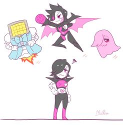 Rule 34 | &gt;:3, 1boy, :3, arm cannon, artist name, bad id, bad twitter id, black hair, blue dress, clothed robot, commentary, crossdressing, dress, flying, ghost, hato moa, heart, mettaton, mettaton (ghost), mettaton ex, mettaton neo, multiple persona, red eyes, robot, spoilers, squiggle, undertale, v-shaped eyebrows, weapon, wings