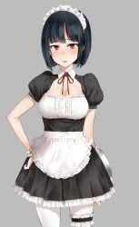 Rule 34 | 1girl, absurdres, apron, arm behind back, black dress, black hair, blush, breasts, bridal garter, cowboy shot, dickbomber, dress, frilled apron, frills, grey background, hand on own hip, highres, holding, holding tray, looking at viewer, maid, maid headdress, medium breasts, mole, mole under eye, original, pantyhose, parted lips, puffy short sleeves, puffy sleeves, red eyes, short hair, short sleeves, simple background, solo, tray, waist apron, white pantyhose