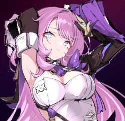 Rule 34 | 1girl, armpits, arms up, bare shoulders, blue eyes, breasts, cleavage, closed mouth, clothing cutout, elysia (honkai impact), elysia (miss pink elf) (honkai impact), error1980, gradient background, hair between eyes, hair ornament, highres, honkai (series), honkai impact 3rd, large breasts, long hair, long sleeves, looking at viewer, pink hair, puffy long sleeves, puffy sleeves, shirt, side cutout, solo, upper body, very long hair, white shirt