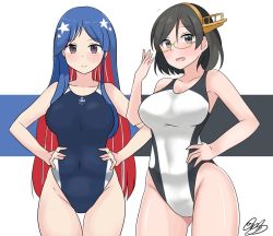 Rule 34 | 2girls, :d, alternate costume, black hair, blue hair, breasts, competition swimsuit, glasses, green-framed eyewear, grey eyes, headgear, kantai collection, kirishima (kancolle), large breasts, long hair, looking at viewer, multicolored hair, multiple girls, noruren, one-piece swimsuit, open mouth, purple eyes, red hair, short hair, signature, simple background, smile, south dakota (kancolle), star (symbol), swimsuit, white hair