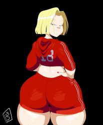 Rule 34 | 1girl, absurdres, android 18, ass, barrybbeesly, black background, blonde hair, blue eyes, dragonball z, hand on own hip, highres, hood, hoodie, huge ass, looking at viewer, looking back, parted bangs, red hoodie, red shorts, short hair, shorts, smile, solo, thick thighs, thighs, wide hips