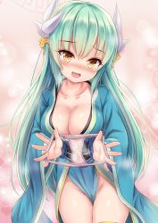 Rule 34 | 1girl, aqua hair, blush, breasts, cat&#039;s cradle, cleavage, cowboy shot, fang, fate/grand order, fate (series), highres, holding, holding panties, holding underwear, japanese clothes, kimono, kiyohime (fate), long hair, looking at viewer, medium breasts, milkshakework, open mouth, panties, presenting removed panties, pussy juice, solo, underwear, unworn panties, yellow eyes