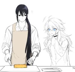 Rule 34 | 2boys, apron, ayashiro keika, bishounen, black choker, black hair, blue eyes, choker, collared shirt, commentary, cutting board, food, holding, holding knife, knife, long hair, looking at another, looking at food, male focus, multiple boys, notice lines, omelet, original, parted lips, partially colored, ponytail, shirt, simple background, sleeves past wrists, sleeves rolled up, tamagoyaki, trap, very long hair, waka (shark waka), wavy hair, white background, white hair, white shirt