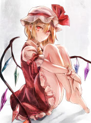 Rule 34 | 1girl, ascot, bad id, bad pixiv id, bare legs, barefoot, blonde hair, crystal, flandre scarlet, frilled shirt collar, frilled skirt, frills, from side, full body, hair between eyes, hat, hat ribbon, highres, jan (lightdragoon), hugging own legs, looking at viewer, looking to the side, mob cap, puffy short sleeves, puffy sleeves, red eyes, red ribbon, red skirt, red vest, ribbon, shirt, short sleeves, side ponytail, skirt, skirt set, solo, touhou, vest, white shirt, wrist cuffs