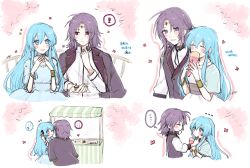Rule 34 | 1boy, 1girl, aqua eyes, aqua hair, blush, bracelet, circlet, closed eyes, closed mouth, coat, collar, commentary request, crepe, dress, earrings, eating, eirika (fire emblem), eyes visible through hair, fire emblem, fire emblem: the sacred stones, flying sweatdrops, food, gold trim, hair between eyes, hands up, hetero, highres, jewelry, leaf, long hair, long sleeves, lyon (fire emblem), misato hao, multiple views, nintendo, notice lines, open mouth, purple eyes, purple hair, red eyes, shirt, shop, short hair, signature, simple background, smile, sweatdrop, translation request, white background