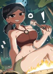 Rule 34 | !, 1girl, absurdres, arm support, black hair, blush, breasts, brown eyes, bush, campfire, cleavage, collarbone, fire, food, full moon, green shorts, grin, heather (total drama), highres, holding, large breasts, long hair, looking at viewer, marshmallow, midriff, moon, navel, night, ponytail, red shirt, rock, shirt, shorts, sitting, sky, sleeveless, sleeveless shirt, smile, sparkle, stick, teeth, tony welt, total drama, tree